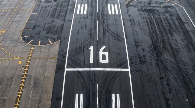 Down view of airport runway 16 threshold with white painted numbers and dark tire skid marks