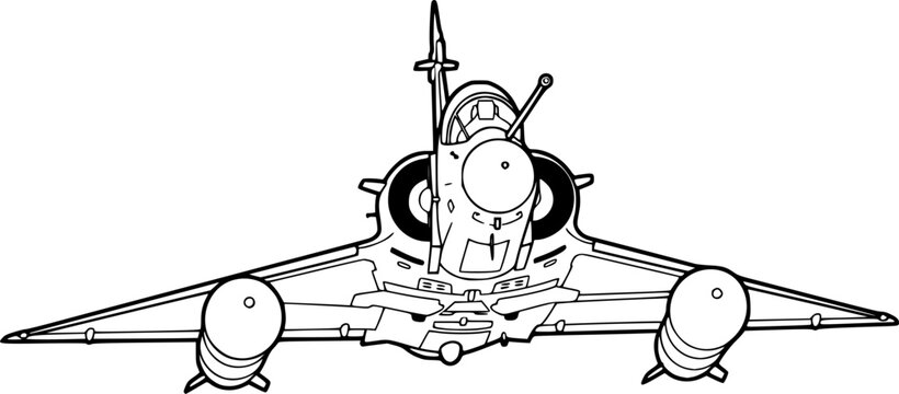Front view delta wing fighter jet line art vector illustration for coloring book isolated on white background