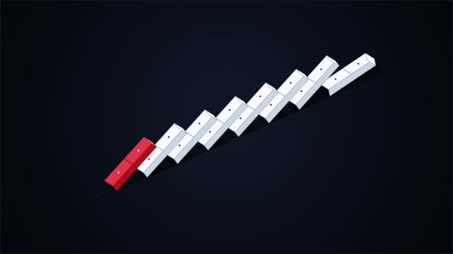 Red domino falling to start a chain reaction of white tiles