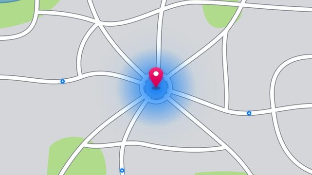 Animated gps tracking map with pulsating blue signal and red marker