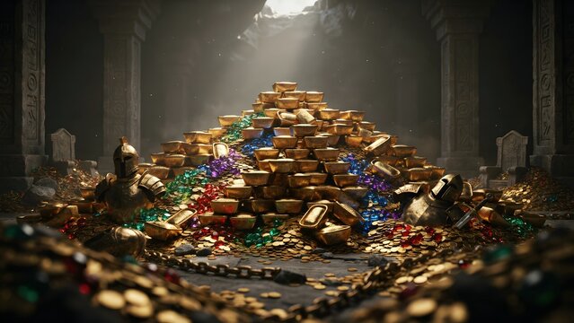 Treasure Trove of Gold Coins Gems and Jewelry in Dark Ancient Setting