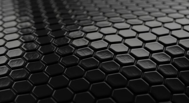 A geometric hexagonal pattern with 3D depth and shading. Black and gray honeycomb surface creates a modern, tech-inspired look with sharp shadows. Perfect for backgrounds and tech designs.