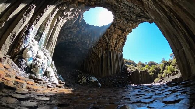Mesmerizing sunlit view inside a basalt cave with unique hexagonal rock formations and a natural opening