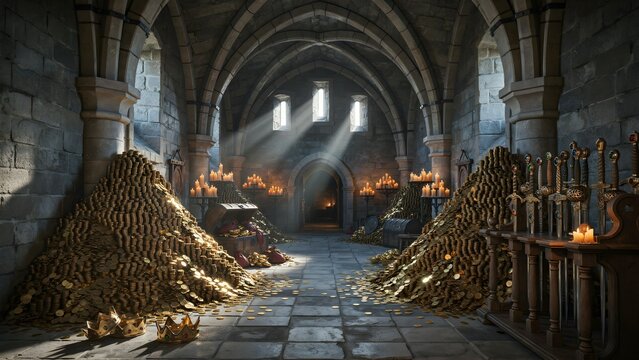 Treasure hoard in medieval castle chamber with gold coins and weapons display