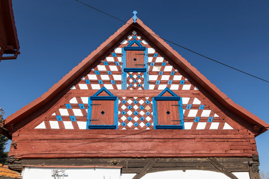 Half-timbered farmhouse, folk architecture in Doubrava, Western Bohemia, Czech Republic
