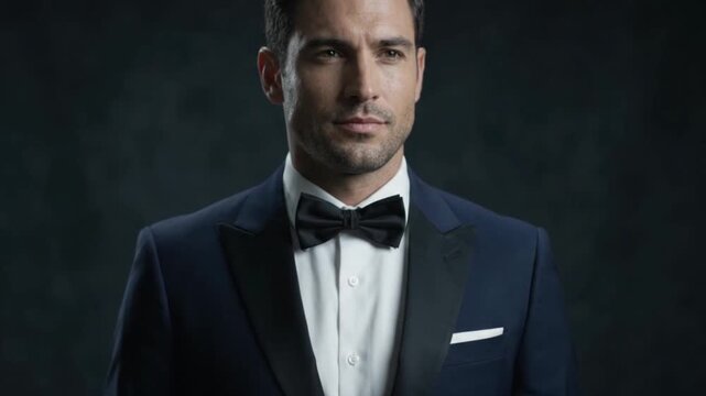 Handsome elegant man in stylish navy tuxedo suit adjusting black bow tie on dark studio background. This luxury groom footage is ideal for gentleman fashion commercial and gala event advertising.