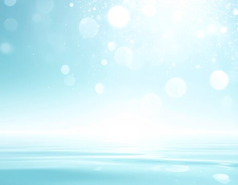 素材　光　Serene light blue water surface background with soft ripples, white bokeh circles and bright sunlight glow

