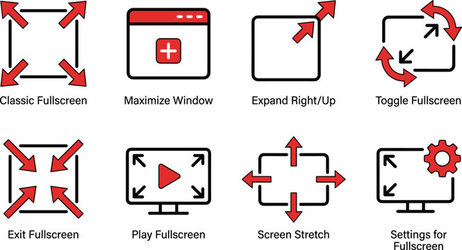 Set of fullscreen and window resizing icons, including maximize, exit, stretch, and toggle options for user interface design