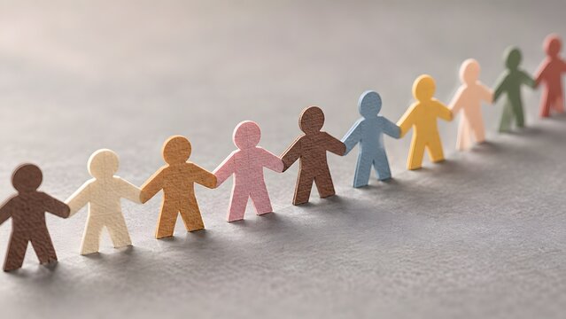 Diverse row of connected paper figures representing unity teamwork and inclusive community