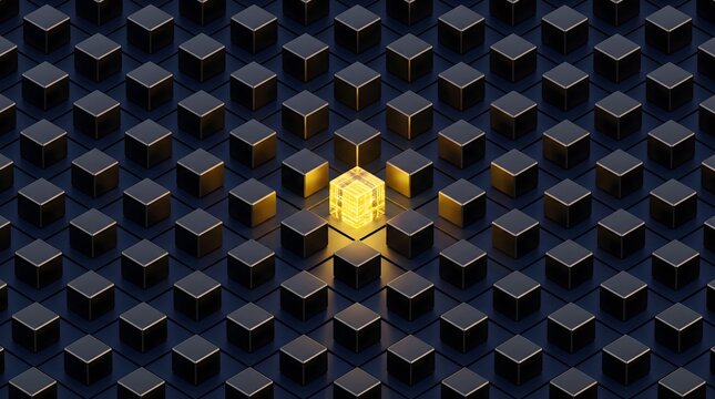 Glowing golden cube with digital patterns standing out in a grid of dark blocks representing technological innovation and unique data
