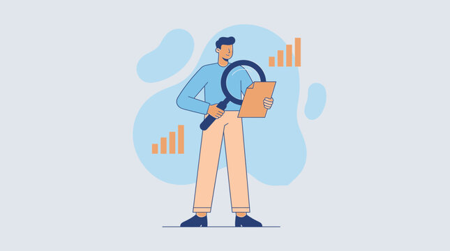 Analyst Inspecting Business Documents with Magnifying Glass Vector