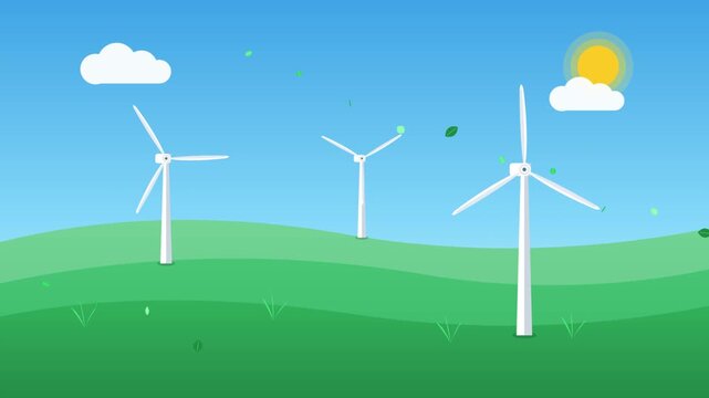 Wind turbines rotating on green hills under sunny blue sky