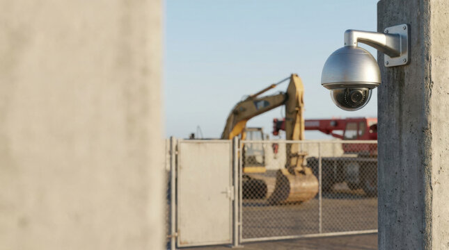 Security camera overlooking construction site with excavator behind chain link fence under clear blue sky