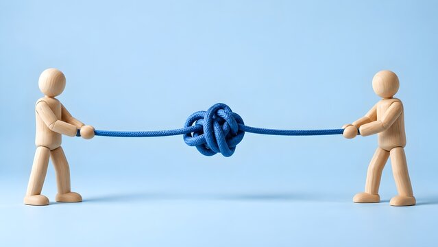 Wooden figures engaged in tug of war with a knotted rope representing business conflict and tension resolution