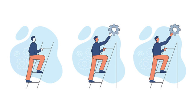 Progress Concept Showing Man Climbing Ladder to Place Gear Symbol