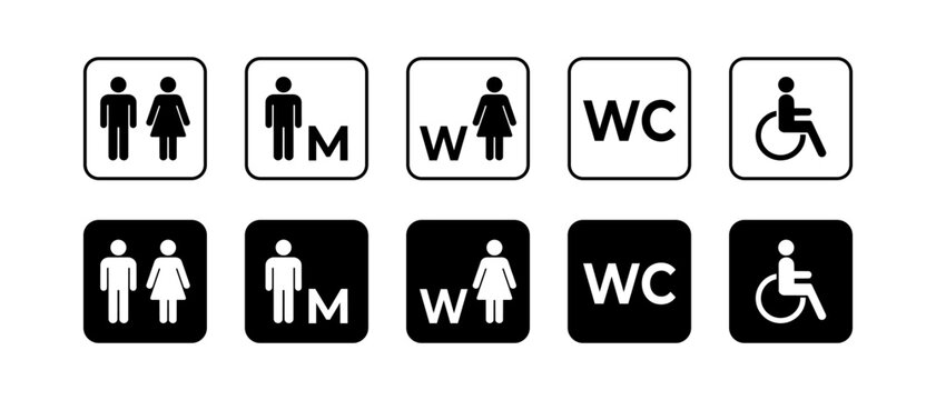 Public WC Restroom Vector Icons Set. Male, Female and Wheelchair Accessible Toilet Symbols
