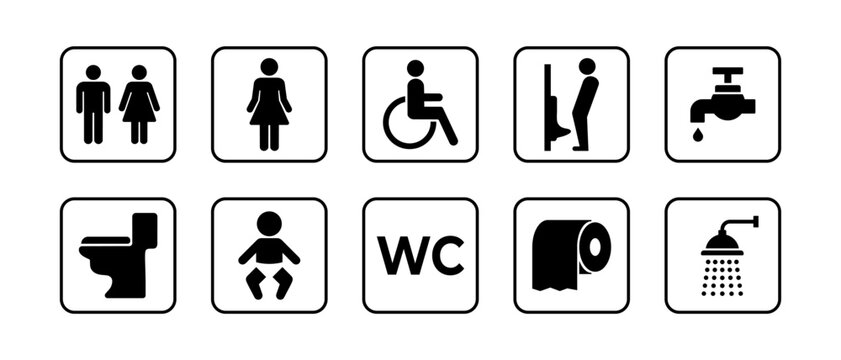 Public Restroom Vector Icon Set. Washroom, Shower, Toilet Symbol