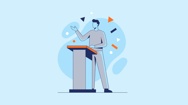 Speaker Giving Professional Business Presentation Behind Podium