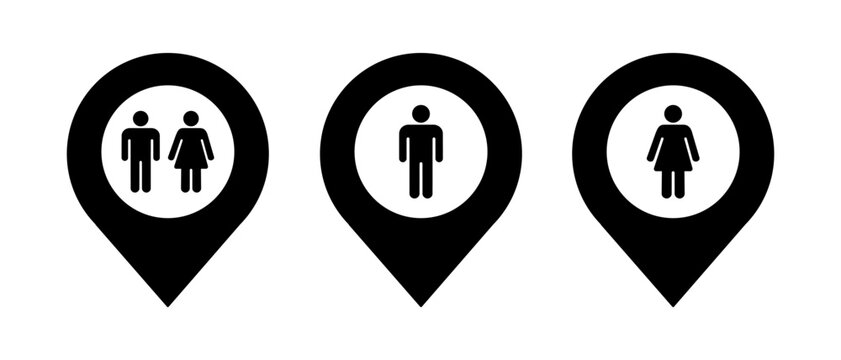 Restroom Location Pin Icon Set. Male, Female, Unisex Toilet Map Symbol