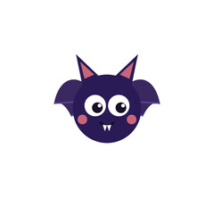 Fototapeta premium Cute cartoon bat face vector illustration with big eyes, purple wings, pink cheeks, and simple flat editable graphic design element