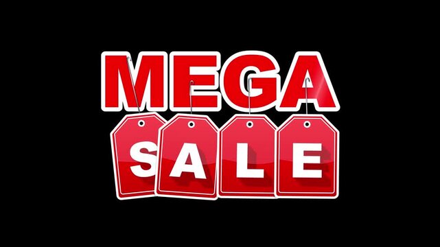 Mega sale red tags and text set against a black background