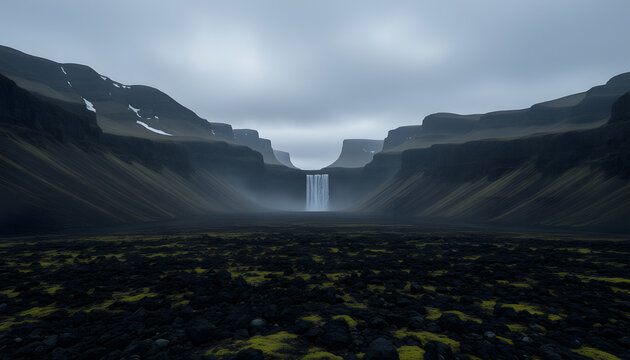 A majestic waterfall cascades down a rocky cliff face into a misty valley surrounded by dark rugged mountains under a dramatic overcast sky.