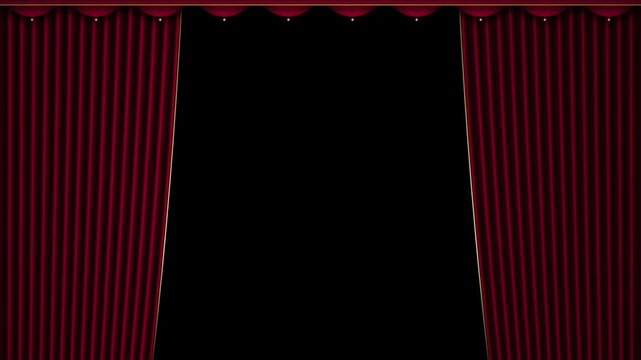 Red velvet stage curtains opening and closing on black background