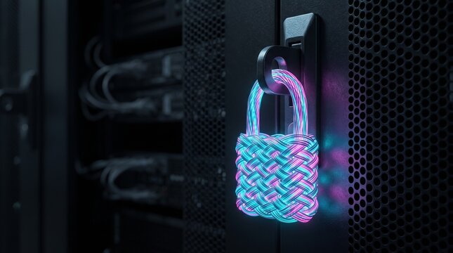 Physical Padlock Made of Glowing Fiber Optic Strands on a Server Rack