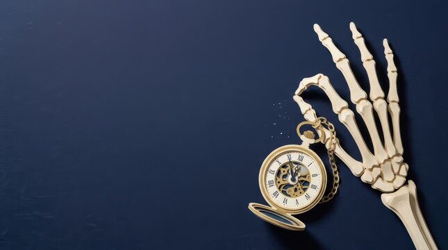 Golden Pocket Watch Held by Human Skeleton Hand Photography Dark Background