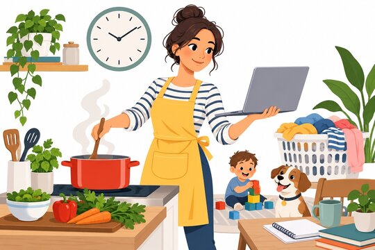Busy woman multitasking at home cooking and working on laptop, flat vector illustration
