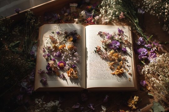 open book with dry flowers