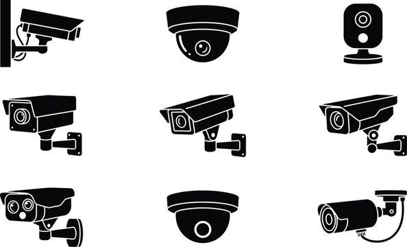 surveillance security camera solid glyph silhouette icon set featuring wall mounted and dome vector
