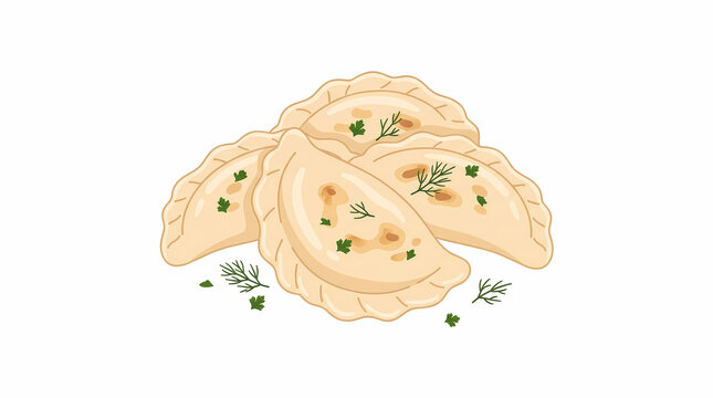 Traditional Dumplings Pierogi Vareniki Vector Illustration Garnish with Herbs Isolated on White   