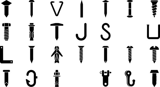 Set of black metal fasteners and bracket icons