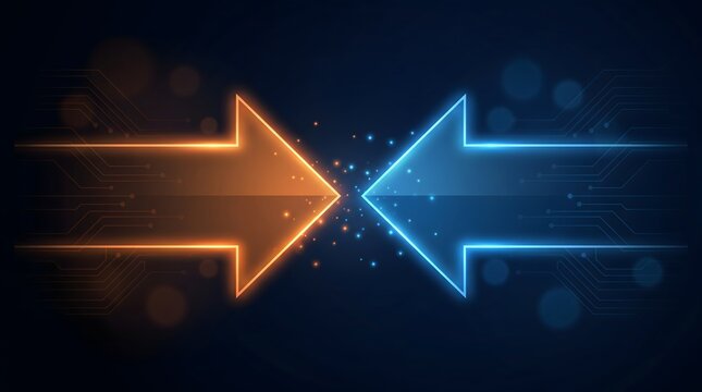 Opposing glowing orange and blue arrows colliding on a circuit board background symbolizing network integration or conflict