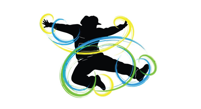 Breakdancer silhouette performs a dynamic jump with colorful motion swirls.