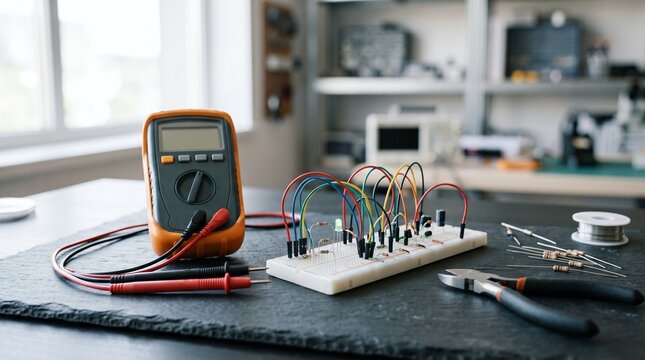 Close up of digital multimeter connected to breadboard electronic circuit with colorful jumper wires and LED light on workbench in engineering lab