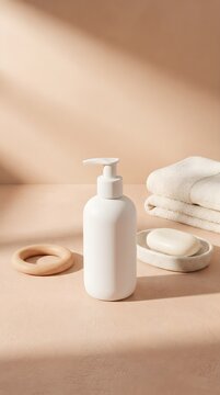 Warm Sand Flat Lay of White Dispenser Bottle Stacked Towels and Wooden Teether