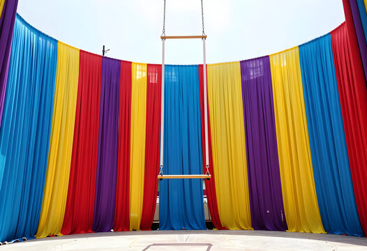 Circus performance and entertainment, empty trapeze hanging in front of colorful fabric curtains for acrobatic show and artistic event production