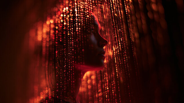 Woman Silhouette Behind Digital Binary Code and Data Stream