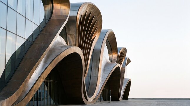 Modern Architectural Building with Curved Metallic Wave Facade
