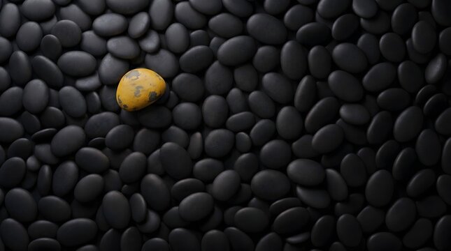 Single bright yellow stone standing out among dark black pebbles representing individuality uniqueness and leadership concepts
