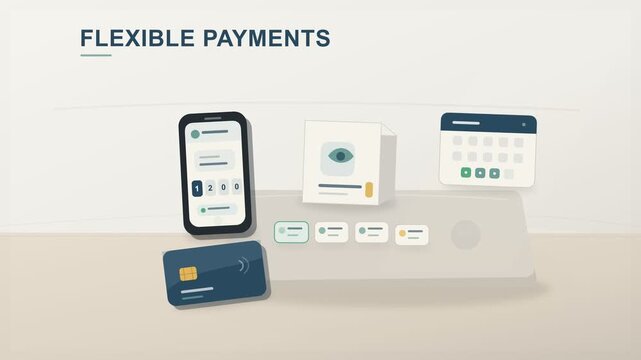 Flexible payments technology, digital banking app interface with credit card and smartphone visualization, monthly calendar icon for installments, clean minimalist desk, commercial advertisements.