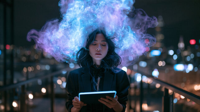 Creative Woman with Glowing Thought Cloud Holding Digital Tablet