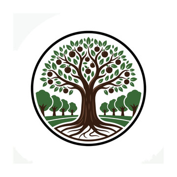 Circular Apple Orchard Emblem Design With Tree Roots And Green Foliage