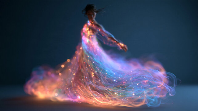 Graceful Woman Dancing in Glowing Colorful Light Dress