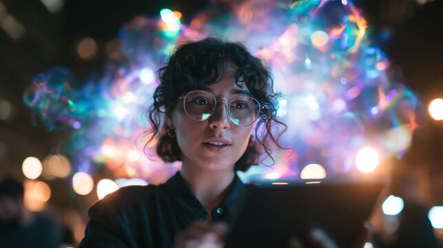 Woman Using Digital Tablet with Glowing Creative Light Effects