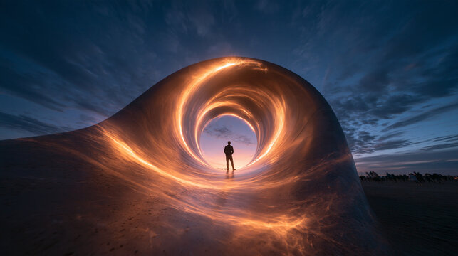 Silhouette Standing in Glowing Circular Portal at Twilight