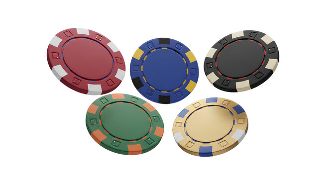 Five blank colorful casino poker chips isolated on white background