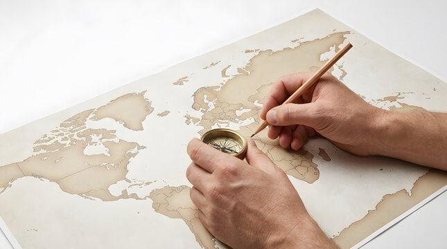 Person using a vintage compass and wooden pencil to trace routes on an old style world map document